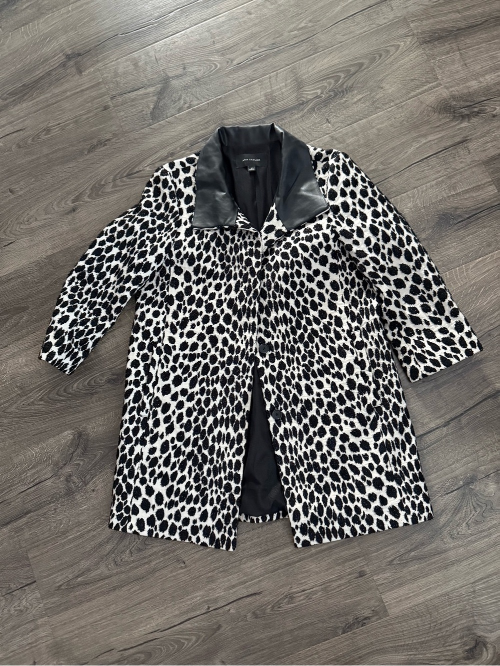 Ann Taylor Animal Print Coat with Faux Leather Collar - Black & White